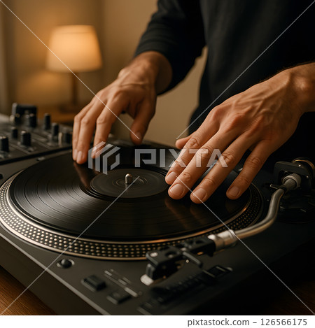 A male adult DJ's hands are poised over a vinyl record on a turntable, mixing music 126566175