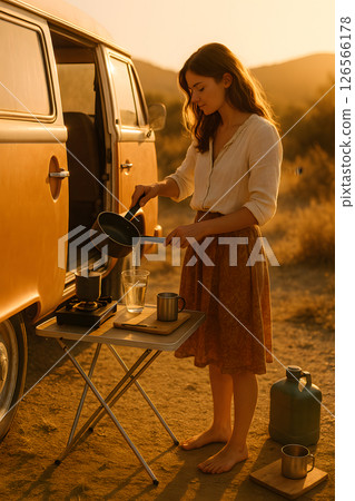 Young adult female barefoot and camping, pours water from a pot beside a vintage van at sunset, preparing a warm drink outdoors Young adult female barefoot and camping, pours water from a pot beside a vintage van at sunset, preparing a warm drink outdoors 126566178