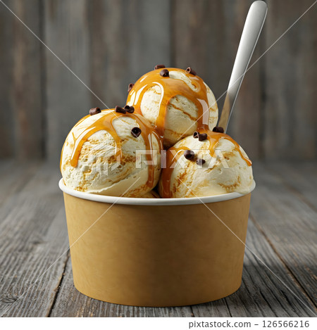 Three scoops of salted caramel ice cream with chocolate chips and caramel drizzle in a paper cup with a spoon 126566216