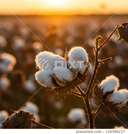 Close up of cotton bolls on a plant branch illuminated by golden hour light in a field agriculture nature detailed illustration warm colors 126566217