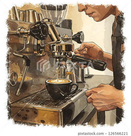 A watercolor illustration shows an adult barista using an espresso machine to prepare a coffee beverage 126566221