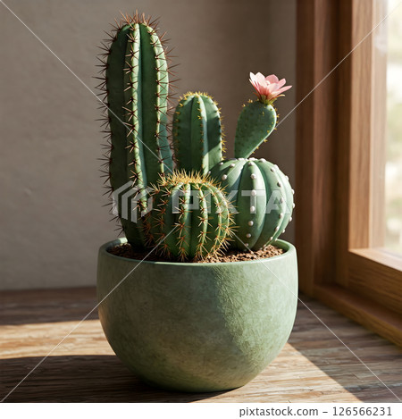 A potted cactus plant with varied forms and a small pink flower sits on a wooden surface near a window 126566231