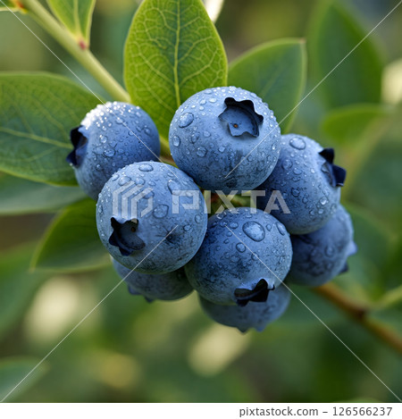 A cluster of fresh blueberries covered in water droplets on a leafy branch A cluster of fresh blueberries covered in water droplets on a leafy branch 126566237