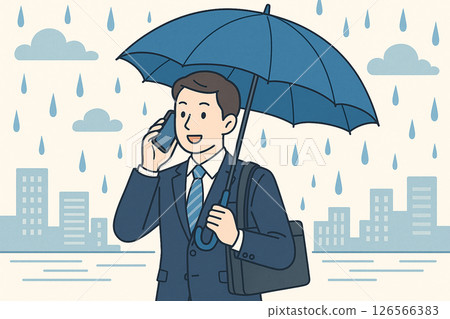 一位商人在下雨天打電話的插圖 126566383