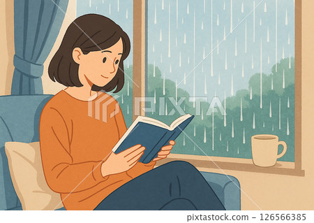 Illustration of a woman reading quietly by a rainy window 126566385