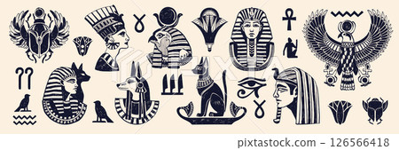 Ancient Egypt god print set, hand drawn Egyptian mythology antique archaeology pencil illustration.  126566418