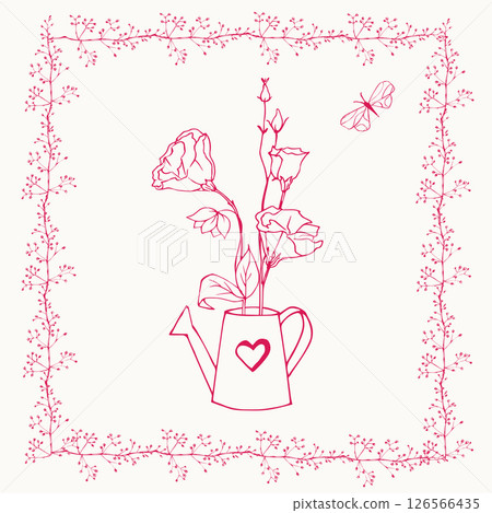 Watering can with flowers in frame of leaves 126566435