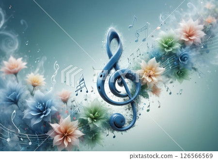 abstract blue music background with musical treble clef and flowers 126566569