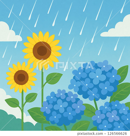 雨季天空中盛開的向日葵和繡球花 126566626