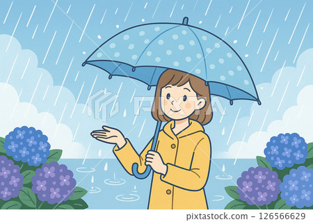 一位女孩在繡球花旁享受雨水的插圖 126566629