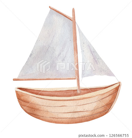 Wooden sailboat. Watercolor illustration. Hand drawn in soft, child-friendly style on white background. Perfect for nursery decor, baby products, and educational or marine-themed designs Wooden sailboat. Watercolor illustration. Hand drawn in soft, child-friendly style on white background. Perfect for nursery decor, baby products, and educational or marine-themed designs 126566755