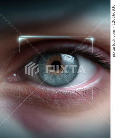 Close up of blue eye with detailed iris and eyelashes, surrounded by skin texture, showing futuristic eye scanning interface glowing softly 126566936