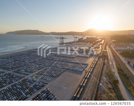New Cars on Parking Lot in Port of Setubal, Portugal at Sunset. Aerial View 126567035