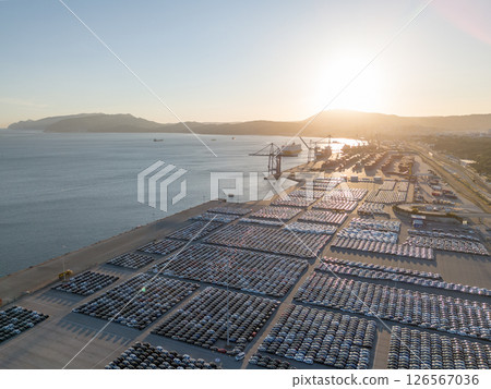 New Cars on Parking Lot in Port of Setubal, Portugal at Sunset. Aerial View 126567036