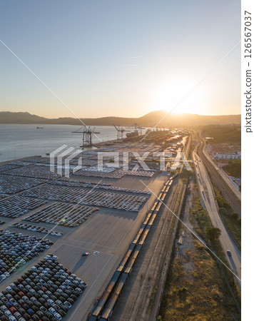 New Cars on Parking Lot in Port of Setubal, Portugal at Sunset. Aerial View 126567037