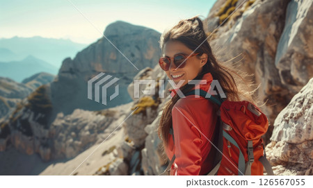 a beautiful smiling young female tourist in a red sports jacket with a backpack and sunglasses, hiking in the mountains, summer tourism, outdoor activities 126567055
