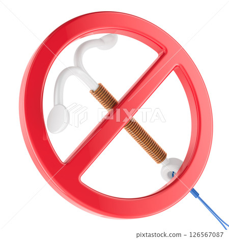 Prohibition Sign with intrauterine device IUD. Contraception Forbidden, concept. 3D Rendering 126567087