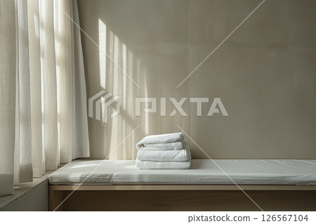 Stack of white towels on a minimalist bench in soft natural light, creating a serene and clean interior atmosphere. 126567104
