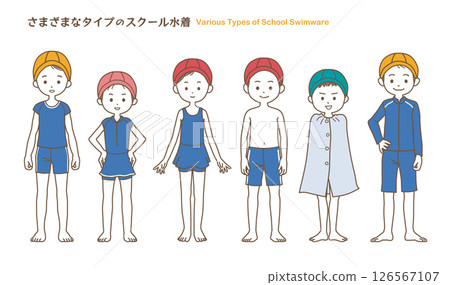 一組簡單的插圖，描繪了穿著各種學校泳衣的小學生 126567107