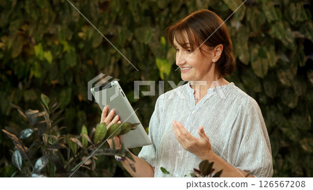 Senior and Technology. Middle aged or senior woman enjoys remote work and online communication technology using various digital devices laptop tablet or smartphone in greeny filled cafe natural light 126567208