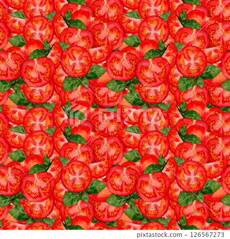 Pattern with Tomato and Basil, great for food themes, vibrant elements for a delicious design Pattern with Tomato and Basil, great for food themes, vibrant elements for a delicious design 126567273