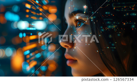 Futuristic Woman with Digital Interface in City Lights 126567334
