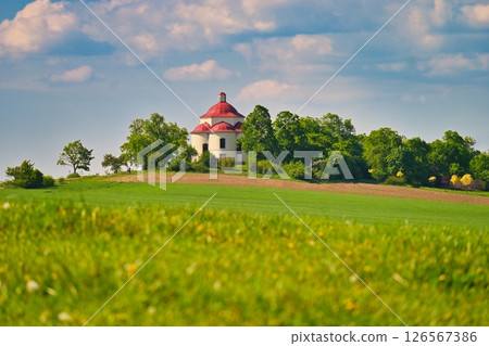 Chapel of the Holy Trinity - Beautiful small chapel on the hill at sunset. Rosice - Czech Republic. 126567386