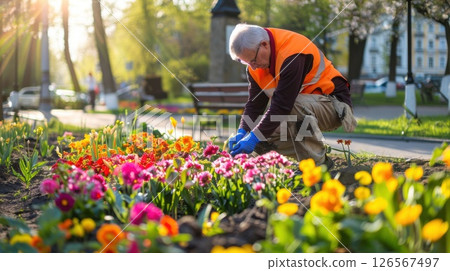 Senior gardener in orange vest tending colorful flower bed in sunny city park during springtime. Senior gardener in orange vest tending colorful flower bed in sunny city park during springtime. 126567497