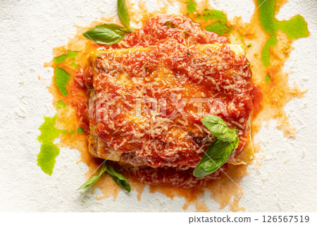 Portion of italian lasagna bolognese dish 126567519