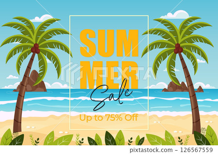 summer sale banner with discount text on tropical beach landscape vector illustration. 126567559