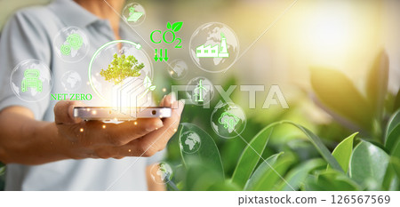 CO2 reduction symbol, climate change limiting global warming and sustainable development and green business and icons for ESG, CO2 and Net Zero. 126567569