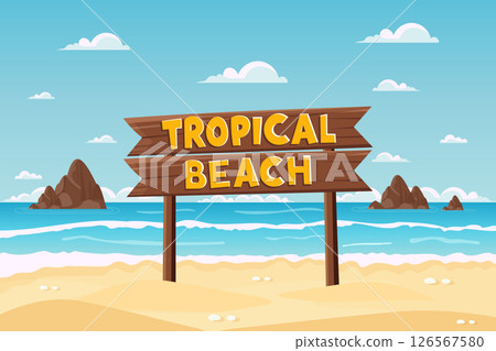 summer beach landscape with tropical wooden sign flat vector illustration. summer beach landscape with tropical wooden sign flat vector illustration. 126567580