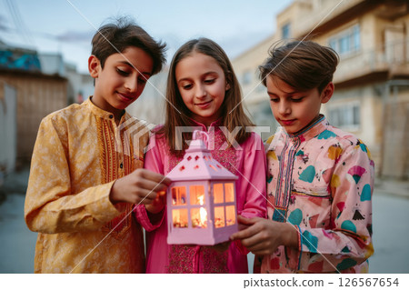 Children holding and lighting traditional Ramadan lanterns on street at sunset 126567654