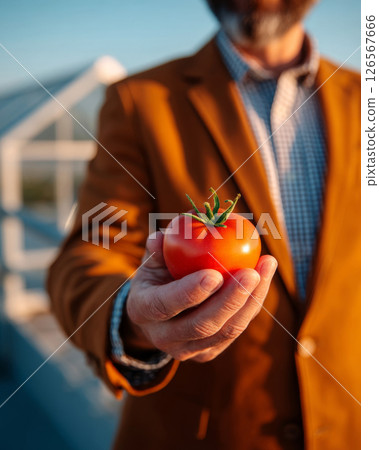Person in mustard jacket holding ripe tomato in hand with blurred rooftop background 126567666