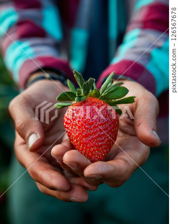 Close-up of person holding ripe strawberry with both hands in natural outdoor setting Close-up of person holding ripe strawberry with both hands in natural outdoor setting 126567678