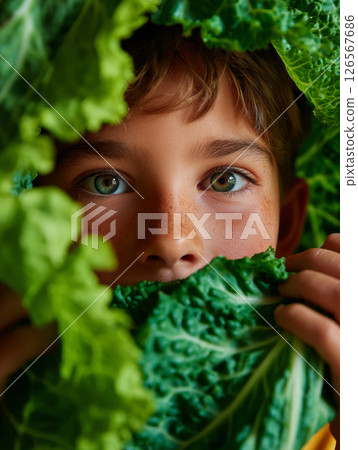 Portrait of a young boy peering through layers of leafy green cabbage with intense gaze Portrait of a young boy peering through layers of leafy green cabbage with intense gaze 126567686