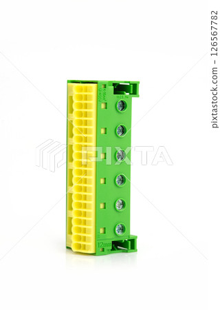 Electrical terminal block with plastic housing, isolated on white background, used in electrical systems Electrical terminal block with plastic housing, isolated on white background, used in electrical systems 126567782