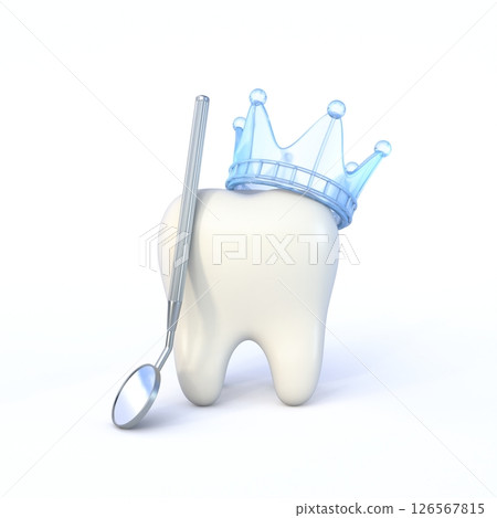 Cute cartoon style tooth with dentist mirror and blue crown 3D Cute cartoon style tooth with dentist mirror and blue crown 3D 126567815