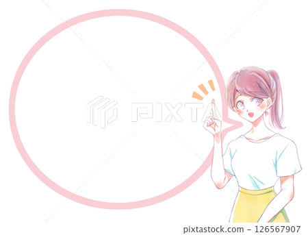 Woman with ponytail pointing with index finger, smiling, speech bubble Woman with ponytail pointing with index finger, smiling, speech bubble 126567907