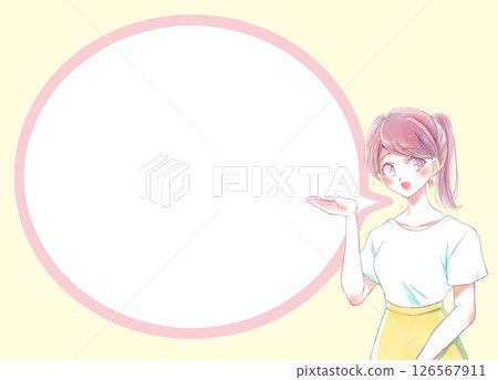 A woman with a ponytail giving directions, smiling, speech bubble 126567911
