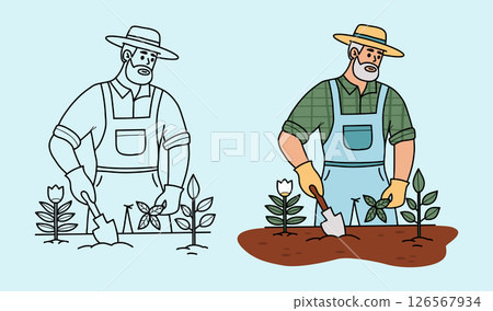 Gray-haired mature Bearded Man Farmer with garden tool Shovel. Male Gardener set. Isolated Color and Outline linear hand drawing. Vector illustration Gray-haired mature Bearded Man Farmer with garden tool Shovel. Male Gardener set. Isolated Color and Outline linear hand drawing. Vector illustration 126567934