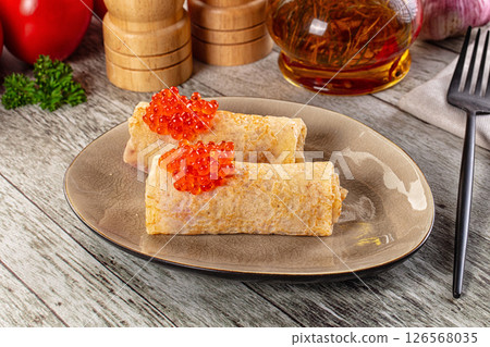 Gourmet Panccakes with red caviar 126568035
