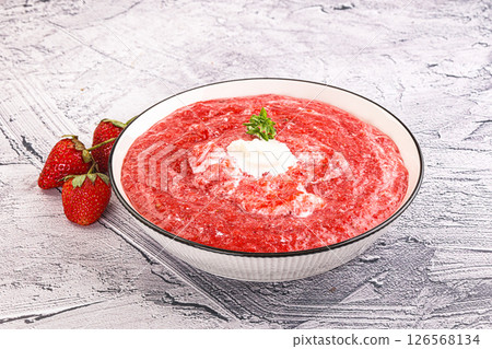 Strawberry soup with strachatella cheese Strawberry soup with strachatella cheese 126568134