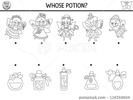 Woodland fairy black and white matching activity with girls and magic potion. Fantasy forest puzzle with flower, acorn, berry princess, jars with elixir. Match objects game. Fairytale coloring page Woodland fairy black and white matching activity with girls and magic potion. Fantasy forest puzzle with flower, acorn, berry princess, jars with elixir. Match objects game. Fairytale coloring page 126568604