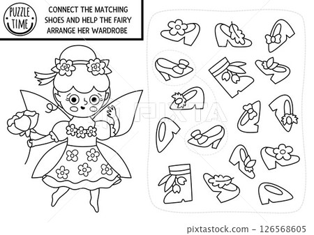 Woodland fairy matching activity with little girl and cute shoes. Magic forest puzzle with flower princess arranging her footwear wardrobe. Match boot pairs game. Fairytale fantasy coloring page 126568605