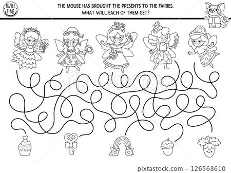 Black and white maze for kids with woodland fairies and mouse gifts. Fairytale princess preschool printable activity, coloring page. Magic forest labyrinth game, puzzle with presents, acorn 126568610