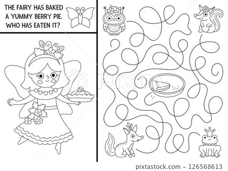 Black and white maze for kids with fairy, berry pie, owl, squirrel, fox, frog. Fairytale princess printable activity, coloring page. Magic forest, woodland labyrinth game, puzzle. Who has eaten the Black and white maze for kids with fairy, berry pie, owl, squirrel, fox, frog. Fairytale princess printable activity, coloring page. Magic forest, woodland labyrinth game, puzzle. Who has eaten the 126568613