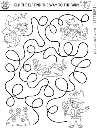 Black and white maze for kids with elf searching the way to fairy bug. Fairytale princess printable activity, coloring page. Magic forest, woodland labyrinth game, line puzzle 126568614