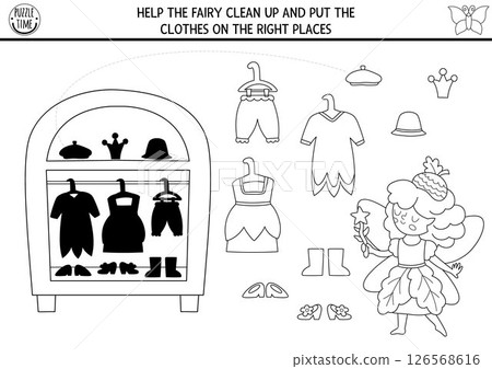 Woodland fairy black and white shadow matching activity with girl, dress, wardrobe. Magic forest puzzle with acorn princess. Find correct silhouette coloring page. Put clothes on right places 126568616