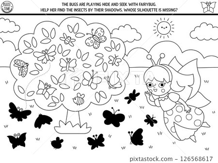 Woodland fairy black and white shadow matching activity with girl playing hide and seek with bugs on tree. Magic forest puzzle with princess, insects. Find correct silhouette coloring page, game 126568617